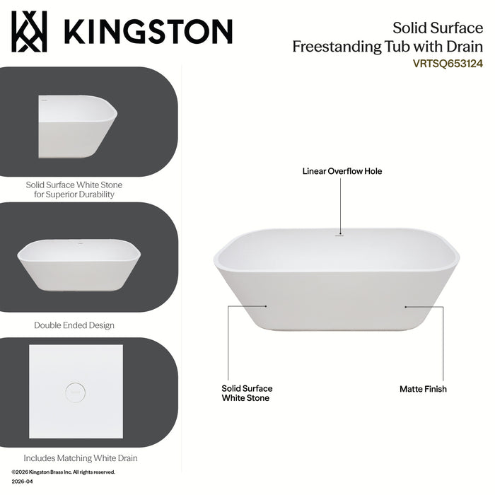 Kingston Sona VRTSQ653124 - Arcticstone 65-Inch Solid Surface Rectangular Double Ended Freestanding Tub with Drain, Matte White
