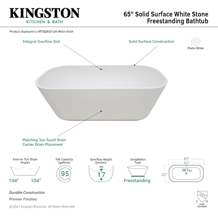 Kingston Sona VRTSQ653124 - Arcticstone 65-Inch Solid Surface Rectangular Double Ended Freestanding Tub with Drain, Matte White