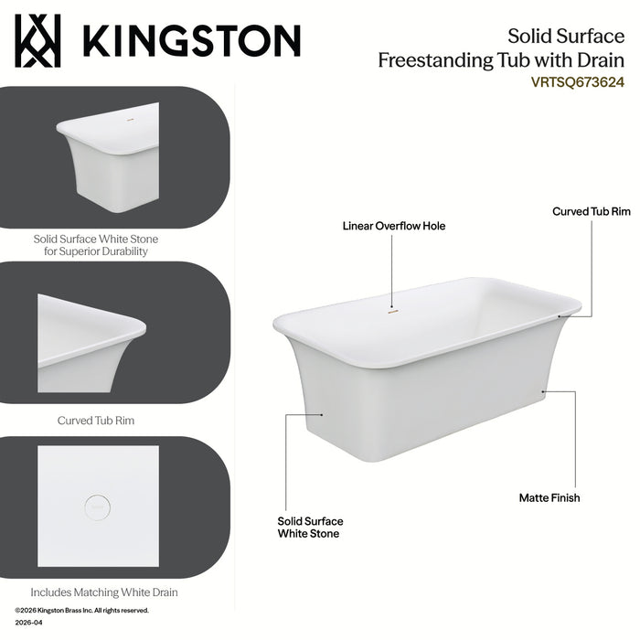 Kingston Arcticstone VRTSQ673624 67-Inch Solid Surface Rectangular Double Ended Freestanding Tub with Drain, Matte White
