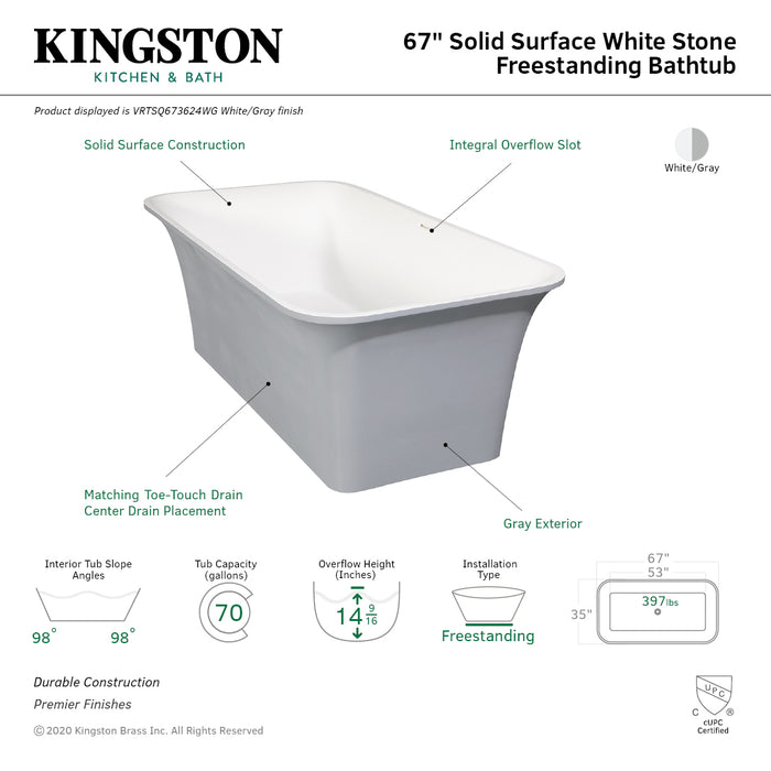 Kingston Arcticstone VRTSQ673624WG 67-Inch Solid Surface Rectangular Double Ended Freestanding Tub with Drain, Matte White/Gray