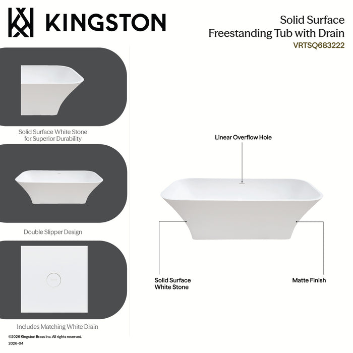 Kingston Sona VRTSQ683222 - Arcticstone 68-Inch Solid Surface Rectangular Double Ended Freestanding Tub with Drain, Matte White
