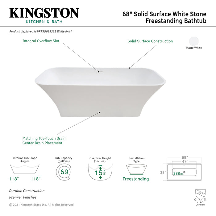 Kingston Sona VRTSQ683222 - Arcticstone 68-Inch Solid Surface Rectangular Double Ended Freestanding Tub with Drain, Matte White