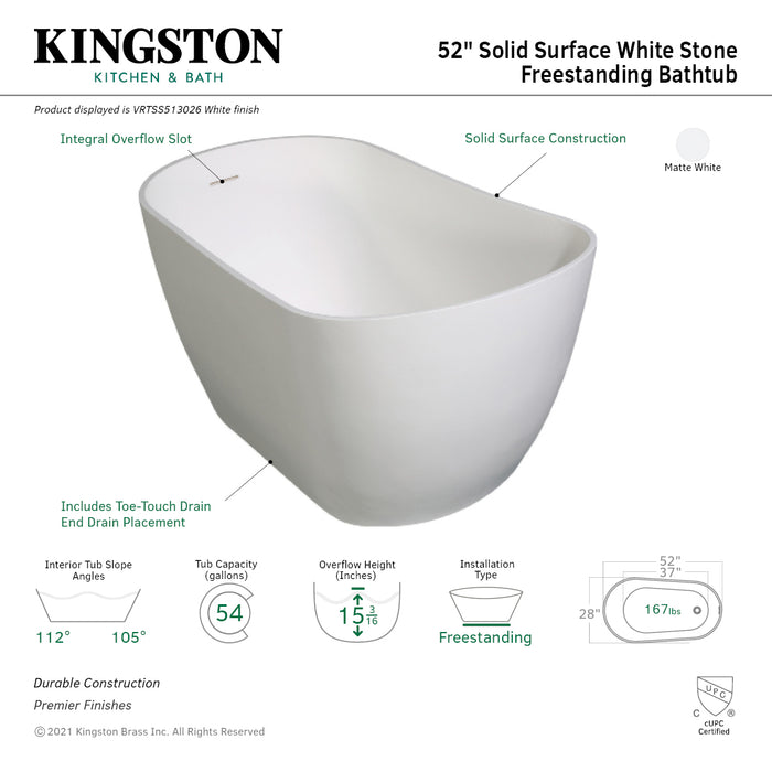 Arcticstone VRTSS513026 52-Inch Solid Surface Oval Single Slipper Freestanding Tub with Drain, Glossy White/Matte White