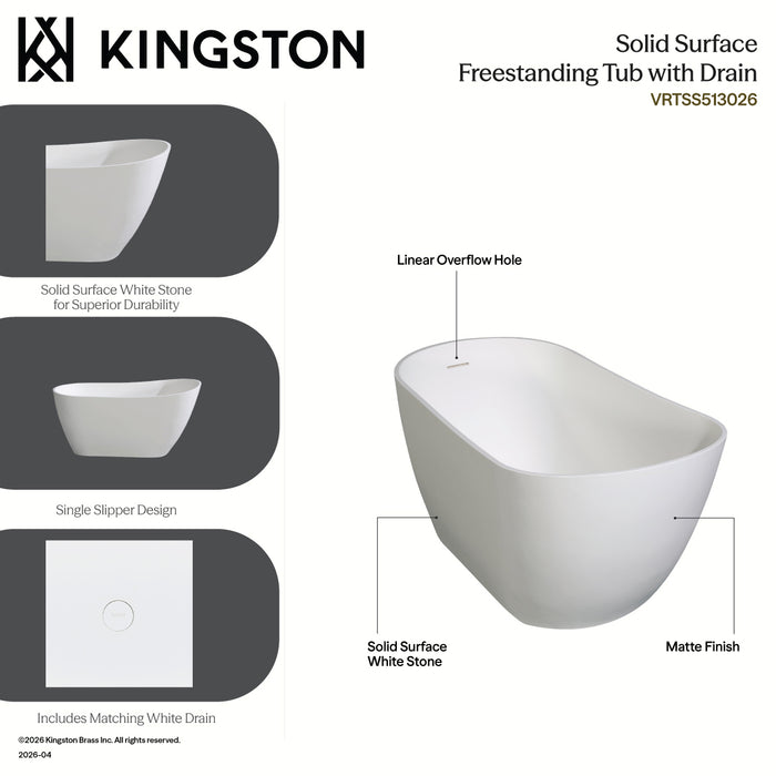 Kingston Sona VRTSS513026WG - Arcticstone 52-Inch Solid Surface Oval Single Slipper Freestanding Tub with Drain, Glossy White/Matte Gray