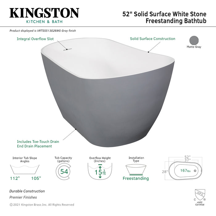 Arcticstone VRTSS513026WG 52-Inch Solid Surface Oval Single Slipper Freestanding Tub with Drain, Glossy White/Matte Gray