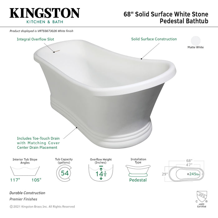 Kingston Arcticstone VRTSS673026 68-Inch Solid Surface Oval Single Slipper Pedestal Tub with Drain (No Faucet Drillings), Glossy White/Matte White