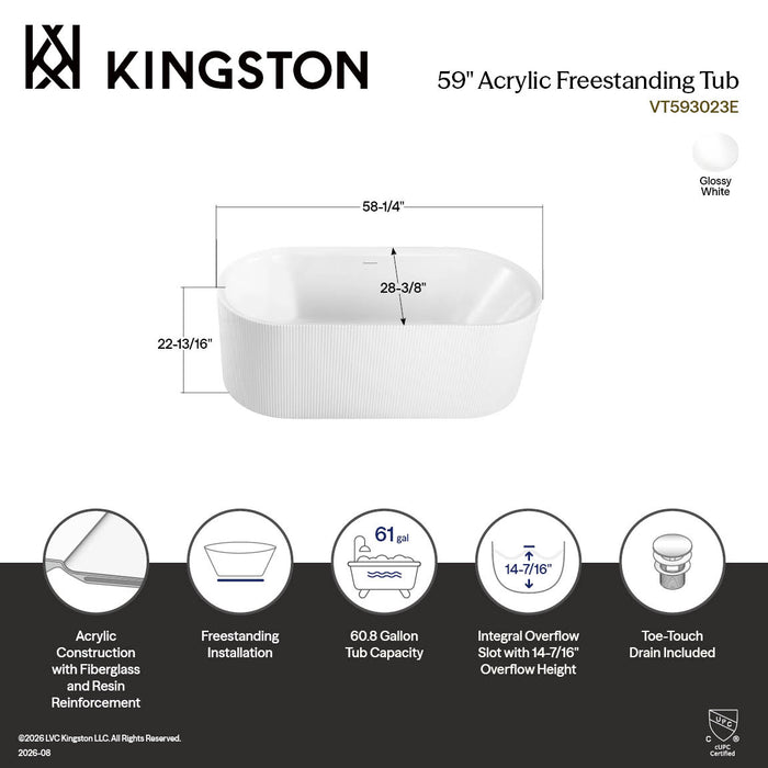 Kingston Aqua Eden VT593023E 59-Inch Acrylic Oval Double Ended Freestanding Tub with Drain, Glossy White