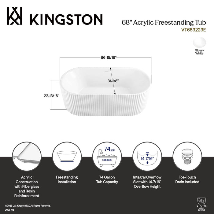 Kingston Aqua Eden VT683223E 68-Inch Acrylic Oval Double Ended Freestanding Tub with Drain, Glossy White