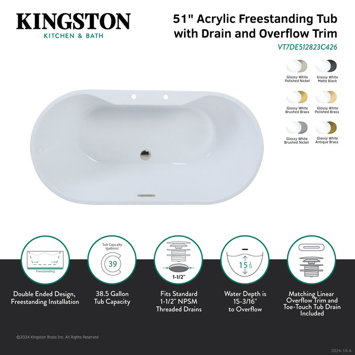 Kingston Sona VT7DE512823C422 - Aqua Eden 51-Inch Acrylic Oval Double Ended Freestanding Tub with Drain, Glossy White/Polished Brass