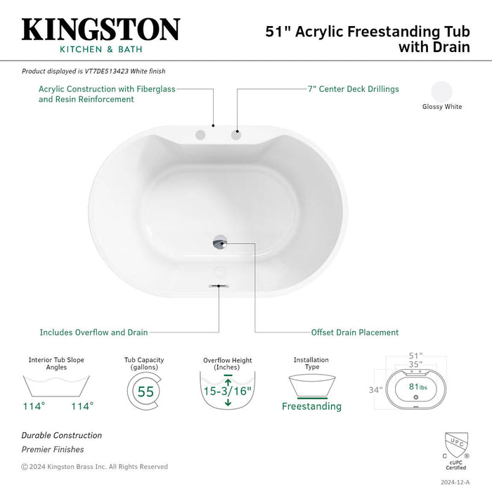 Kingston Sona VT7DE513423 - Aqua Eden 51-Inch Acrylic Oval Double Ended Freestanding Tub with Drain, Glossy White