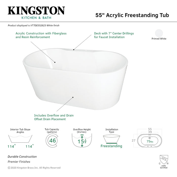 Kingston Sona VT7DE552823 - Aqua Eden 55-Inch Acrylic Oval Double Ended Freestanding Tub with Drain, Glossy White