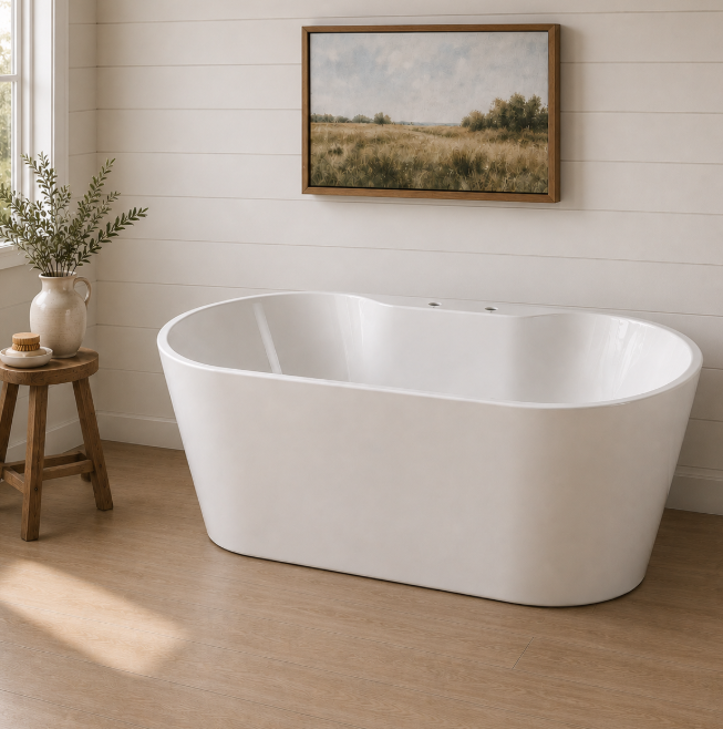 Kingston Sona VT7DE552823C427 - Aqua Eden 55-Inch Acrylic Oval Double Ended Freestanding Tub with Drain, Glossy White/Brushed Brass