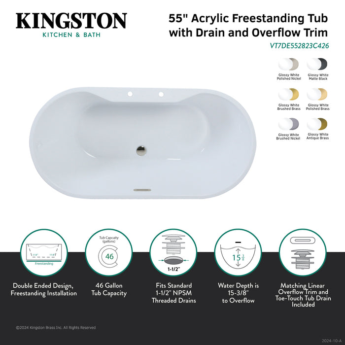 Kingston Sona VT7DE552823C428 - Aqua Eden 55-Inch Acrylic Oval Double Ended Freestanding Tub with Drain, Glossy White/Brushed Nickel