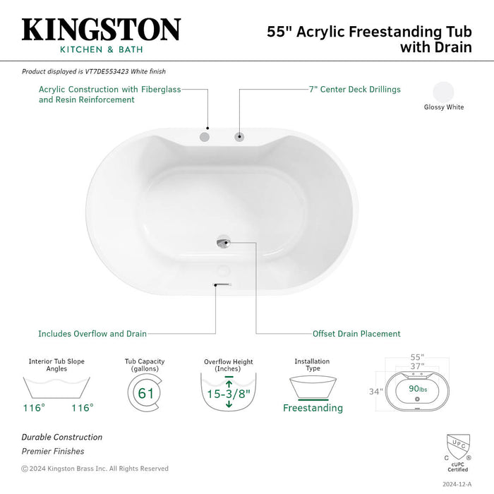 Aqua Eden VT7DE553423 55-Inch Acrylic Oval Double Ended Freestanding Tub with Drain, Glossy White
