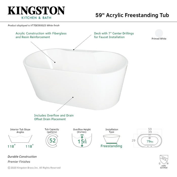 Kingston Sona VT7DE593023 - Aqua Eden 59-Inch Acrylic Oval Double Ended Freestanding Tub with Drain, Glossy White