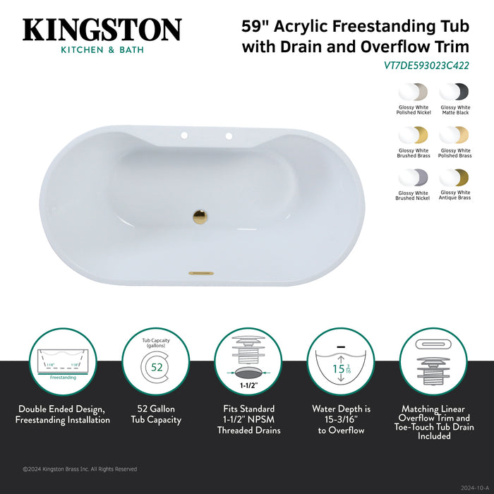 Kingston Sona VT7DE593023C428 - Aqua Eden 59-Inch Acrylic Oval Double Ended Freestanding Tub with Drain, Glossy White/Brushed Nickel