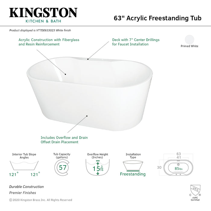 Kingston Sona VT7DE633023 - Aqua Eden 63-Inch Acrylic Oval Double Ended Freestanding Tub with Drain, Glossy White