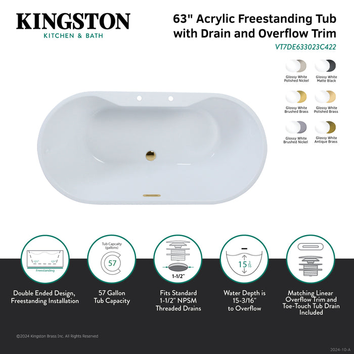Kingston Sona VT7DE633023C428 - Aqua Eden 63-Inch Acrylic Oval Double Ended Freestanding Tub with Drain, Glossy White/Brushed Nickel