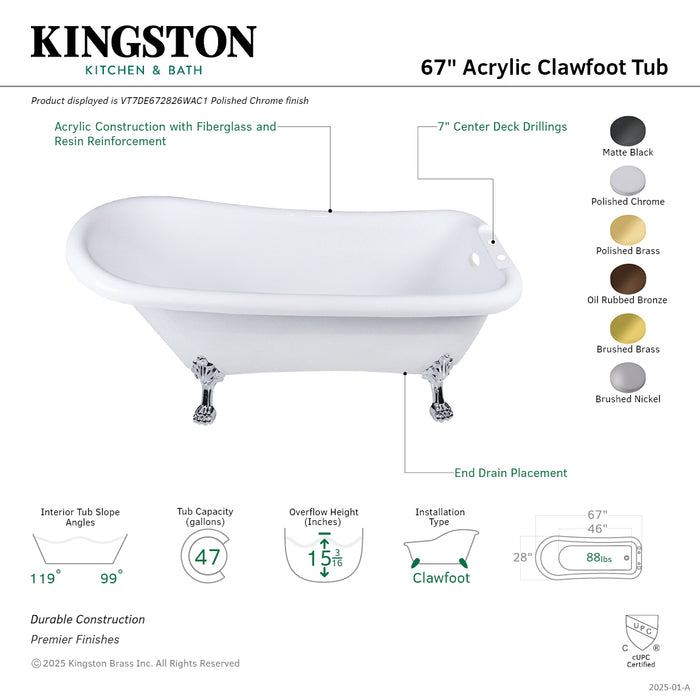 Aqua Eden VT7DE672826WAC0 67-Inch Acrylic Classic Flat-Rim Single Slipper Clawfoot Tub (7-Inch Faucet Drillings), Glossy White/Matte Black