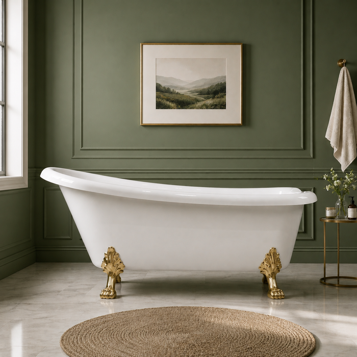 Kingston Heirloom VT7DE672826WAC7 - Aqua Eden 67-Inch Acrylic Classic Flat-Rim Single Slipper Clawfoot Tub (7-Inch Faucet Drillings), Glossy White/Brushed Brass