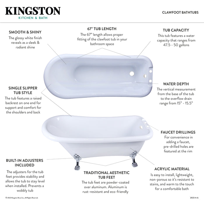Kingston Heirloom VT7DE672826WAC8 - Aqua Eden 67-Inch Acrylic Classic Flat-Rim Single Slipper Clawfoot Tub (7-Inch Faucet Drillings), Glossy White/Brushed Nickel