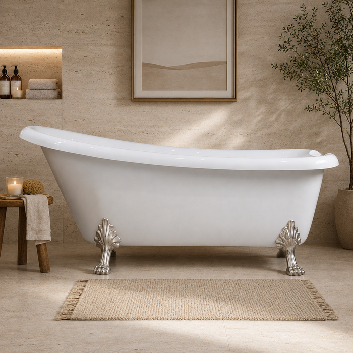 Kingston Heirloom VT7DE672826WAC8 - Aqua Eden 67-Inch Acrylic Classic Flat-Rim Single Slipper Clawfoot Tub (7-Inch Faucet Drillings), Glossy White/Brushed Nickel