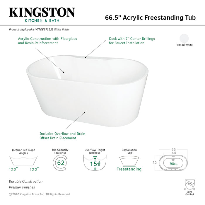 Kingston Sona VT7DE673223 - Aqua Eden 66-5/16-Inch Acrylic Oval Double Ended Freestanding Tub with Drain, Glossy White