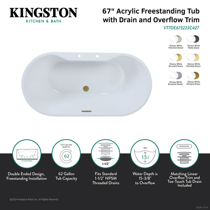 Kingston Sona VT7DE673223C427 - Aqua Eden 67-Inch Acrylic Oval Double Ended Freestanding Tub with Drain, Glossy White/Brushed Brass