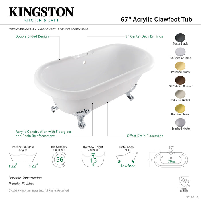 Kingston Heirloom VT7DS672924JNH0 - Aqua Eden 67-Inch Acrylic Oval Double Ended Clawfoot Tub (7-Inch Faucet Drillings), Glossy White/Matte Black