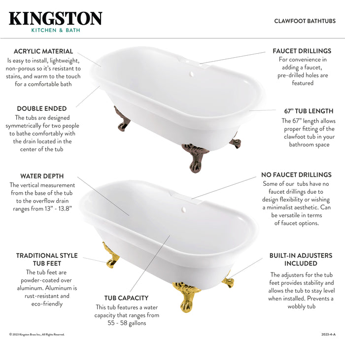 Kingston Heirloom VT7DS672924JNH2 - Aqua Eden 67-Inch Acrylic Oval Double Ended Clawfoot Tub (7-Inch Faucet Drillings), Glossy White/Polished Brass