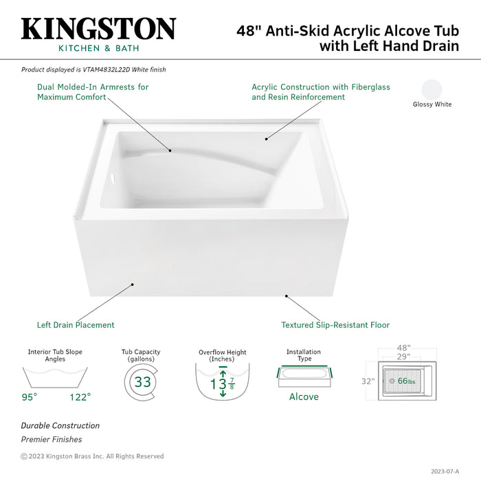 Aqua Eden VTAM4832L22D 48-Inch Anti-Skid Acrylic 3-Wall Alcove Tub with Left Hand Drain, Glossy White