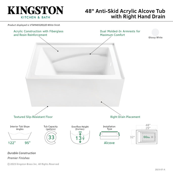 Aqua Eden VTAM4832R22D 48-Inch Acrylic Rectangular 3-Wall Alcove Tub, Right Hand Drain and Anti-Skid Surface, Glossy White