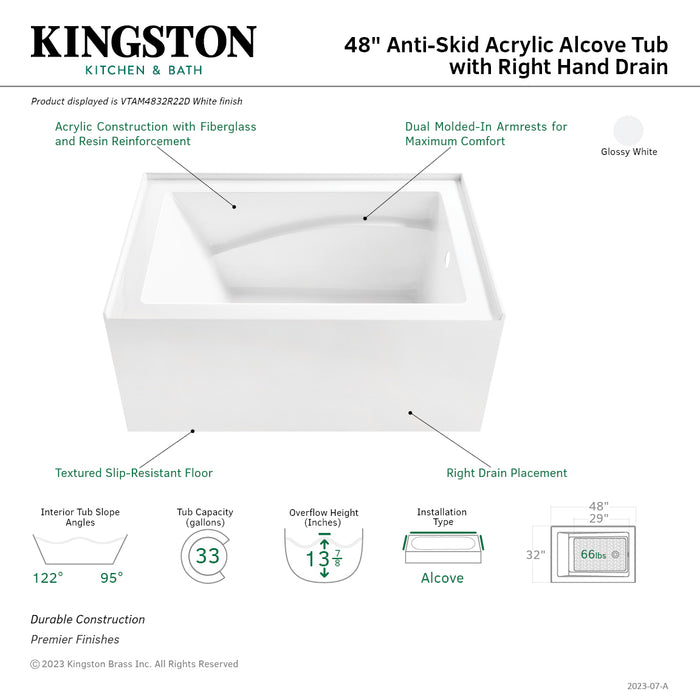 Aqua Eden VTAM4832R22D 48-Inch Anti-Skid Acrylic 3-Wall Alcove Tub with Right Hand Drain, Glossy White