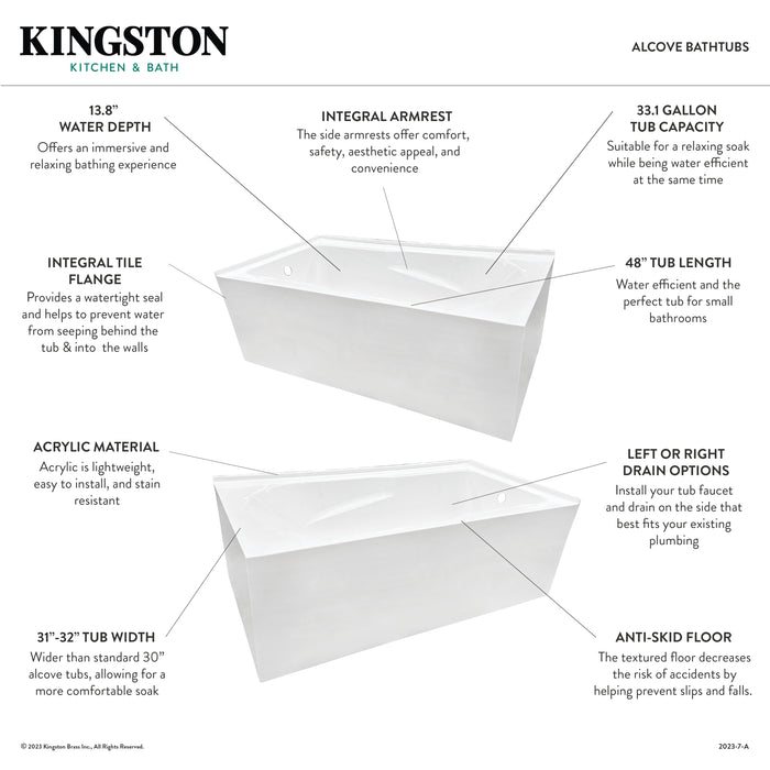 Aqua Eden VTAM4832R22D 48-Inch Acrylic Rectangular 3-Wall Alcove Tub, Right Hand Drain and Anti-Skid Surface, Glossy White