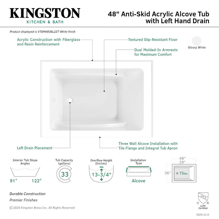 Aqua Eden VTAM4836L22T 48-Inch Acrylic Rectangular 3-Wall Alcove Tub, Left Hand Drain, Glossy White