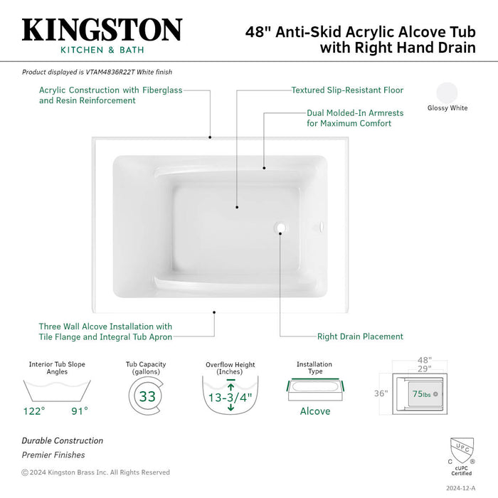Aqua Eden VTAM4836R22T 48-Inch Acrylic Rectangular 3-Wall Alcove Tub, Right Hand Drain, Glossy White