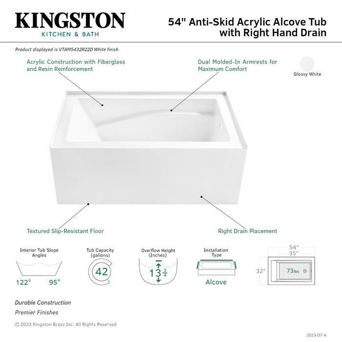 Aqua Eden VTAM5432R22D 54-Inch Acrylic Rectangular 3-Wall Alcove Tub, Right Hand Drain and Anti-Skid Surface, Glossy White