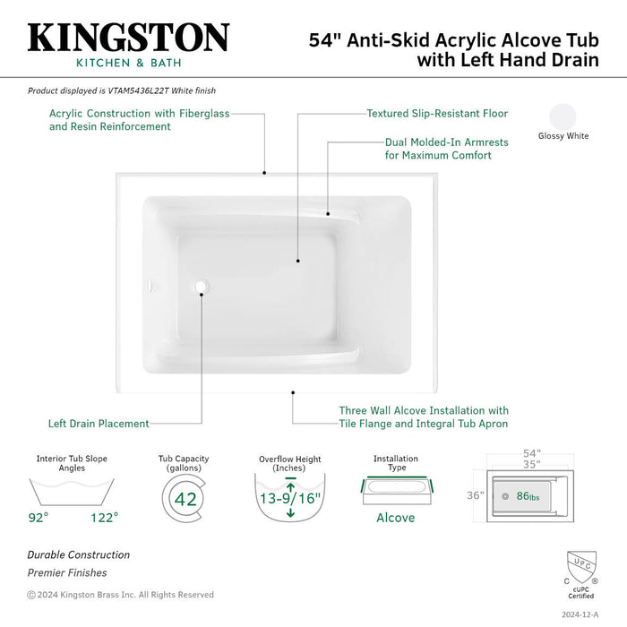 Aqua Eden VTAM5436L22T 54-Inch Acrylic Rectangular 3-Wall Alcove Tub, Left Hand Drain, Glossy White