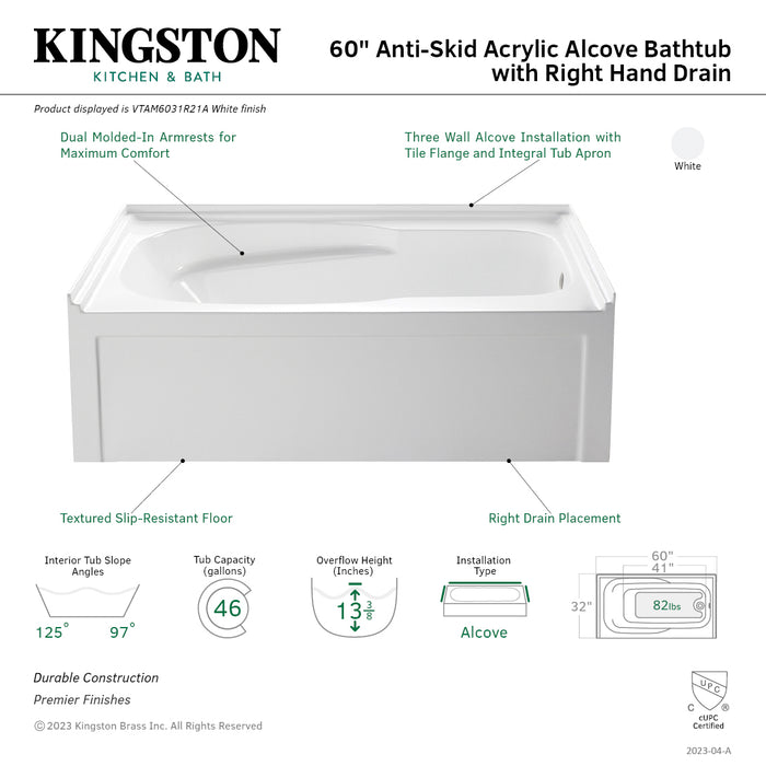 Kingston Tulare VTAM6031R21A - Aqua Eden 60-Inch Acrylic Rectangular 3-Wall Alcove Tub with Armrests and Anti-Skid Surface, Right Hand Drain, Glossy White