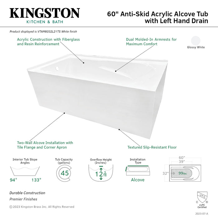 Aqua Eden VTAM6032L21TS 60-Inch Acrylic Rectangular 2-Wall Corner Alcove Tub, Left Hand Drain, Glossy White