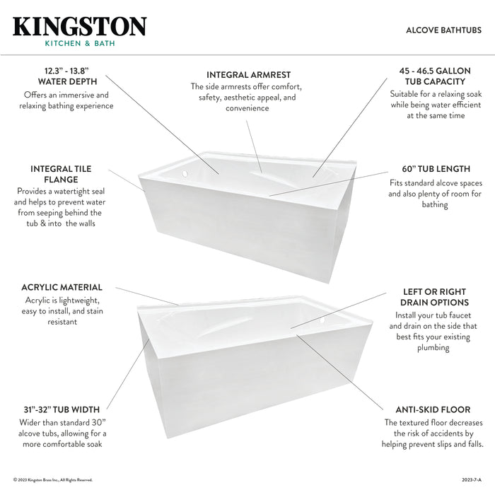 Aqua Eden VTAM6032L21TS 60-Inch Acrylic Rectangular 2-Wall Corner Alcove Tub, Left Hand Drain, Glossy White