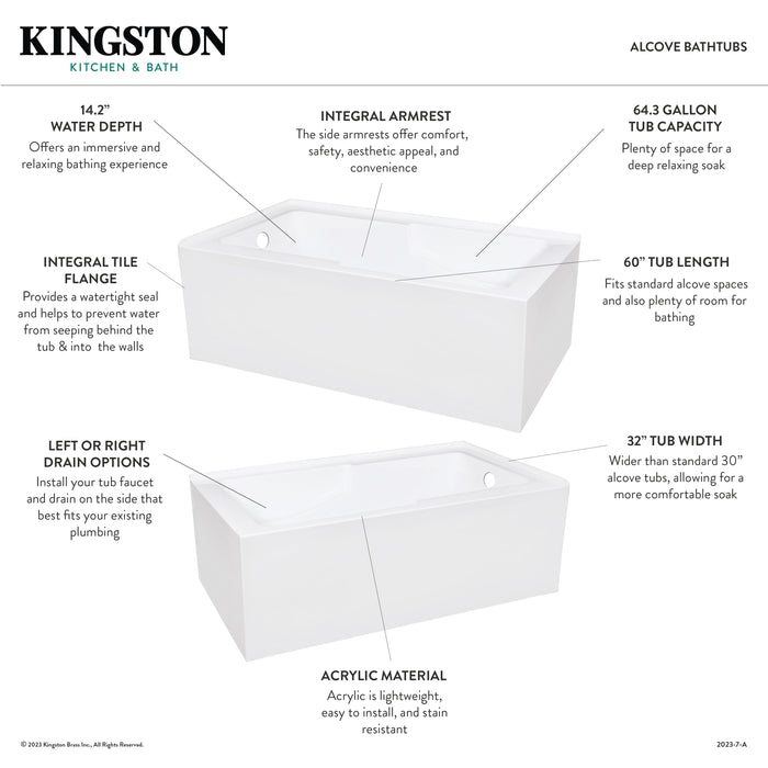 Aqua Eden VTAM6032L22S 60-Inch Acrylic Rectangular 2-Wall Corner Alcove Tub with Corner Apron, Left Hand Drain Hole, Glossy White