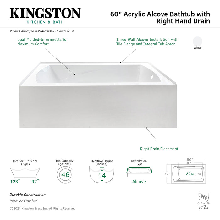 Aqua Eden VTAM6032R21 60-Inch Acrylic Rectangular 3-Wall Alcove Tub with Armrests, Right Hand Drain, Glossy White