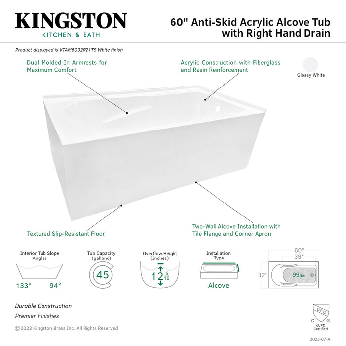 Kingston Tulare VTAM6032R21TS - Aqua Eden 60-Inch Acrylic Rectangular 2-Wall Corner Alcove Tub, Right Hand Drain, Glossy White