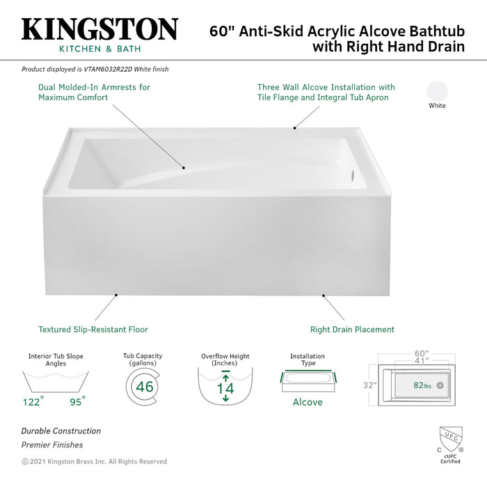 Kingston Tulare VTAM6032R22D - Aqua Eden 60-Inch Acrylic Rectangular 3-Wall Alcove Tub with Armrest and Anti-Skid Surface, Right Hand Drain, Glossy White