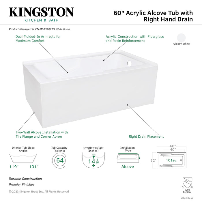 Aqua Eden VTAM6032R22S 60-Inch Acrylic Rectangular 2-Wall Corner Alcove Tub with Corner Apron, Right Hand Drain Hole, Glossy White