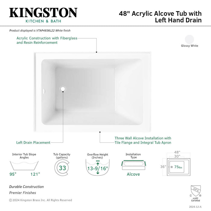 Kingston Tulare VTAP4836L22 - Aqua Eden 48-Inch Acrylic Rectangular 3-Wall Alcove Tub, Left Hand Drain, Glossy White