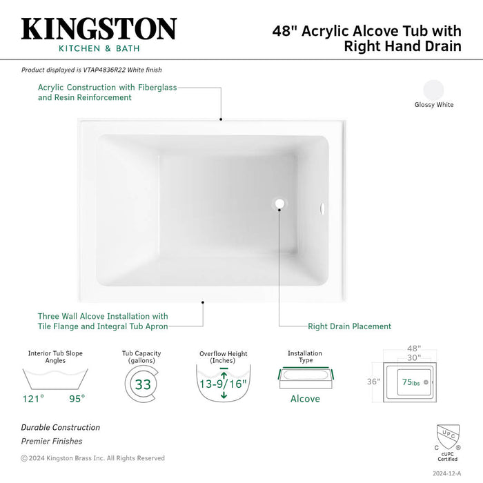 Aqua Eden VTAP4836R22 48-Inch Acrylic Rectangular 3-Wall Alcove Tub, Right Hand Drain, Glossy White