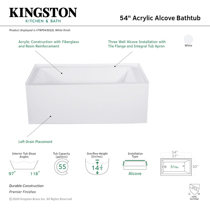 Aqua Eden VTAP543022L 54-Inch Acrylic Rectangular 3-Wall Alcove Tub, Left Hand Drain, Glossy White