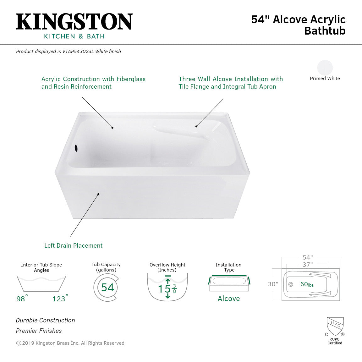 Kingston Brass Aqua Eden VTAP543023L 54-Inch Acrylic 3-Wall Alcove 